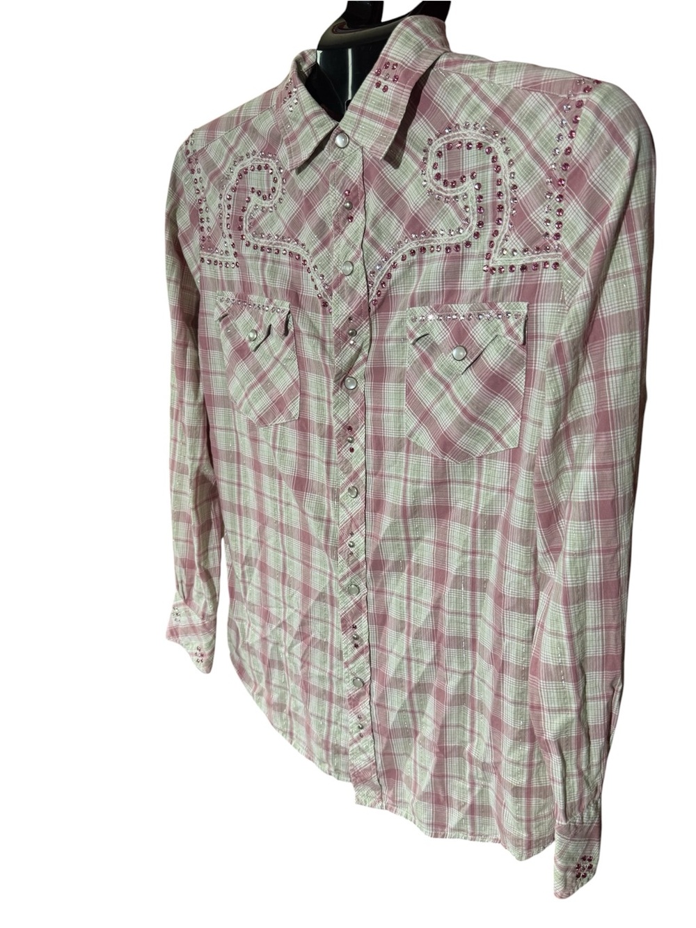 Hippie Pink Plaid Rhinestone Western Snap Shirt Y2K Cowgirl Top